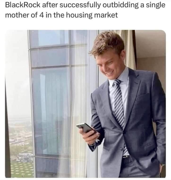 This meme is a humorous image of a person dressed in a suit and tie, standing in front of a window with a city view, holding a phone. The image is captioned with the text: "BlackRock after successfully outbidding a single mother of 4 in the housing market". The meme is poking fun at the idea that a large financial institution like BlackRock is able to outmaneuver a single mother of four in the competitive housing market, implying that the company's resources and wealth are overwhelming.